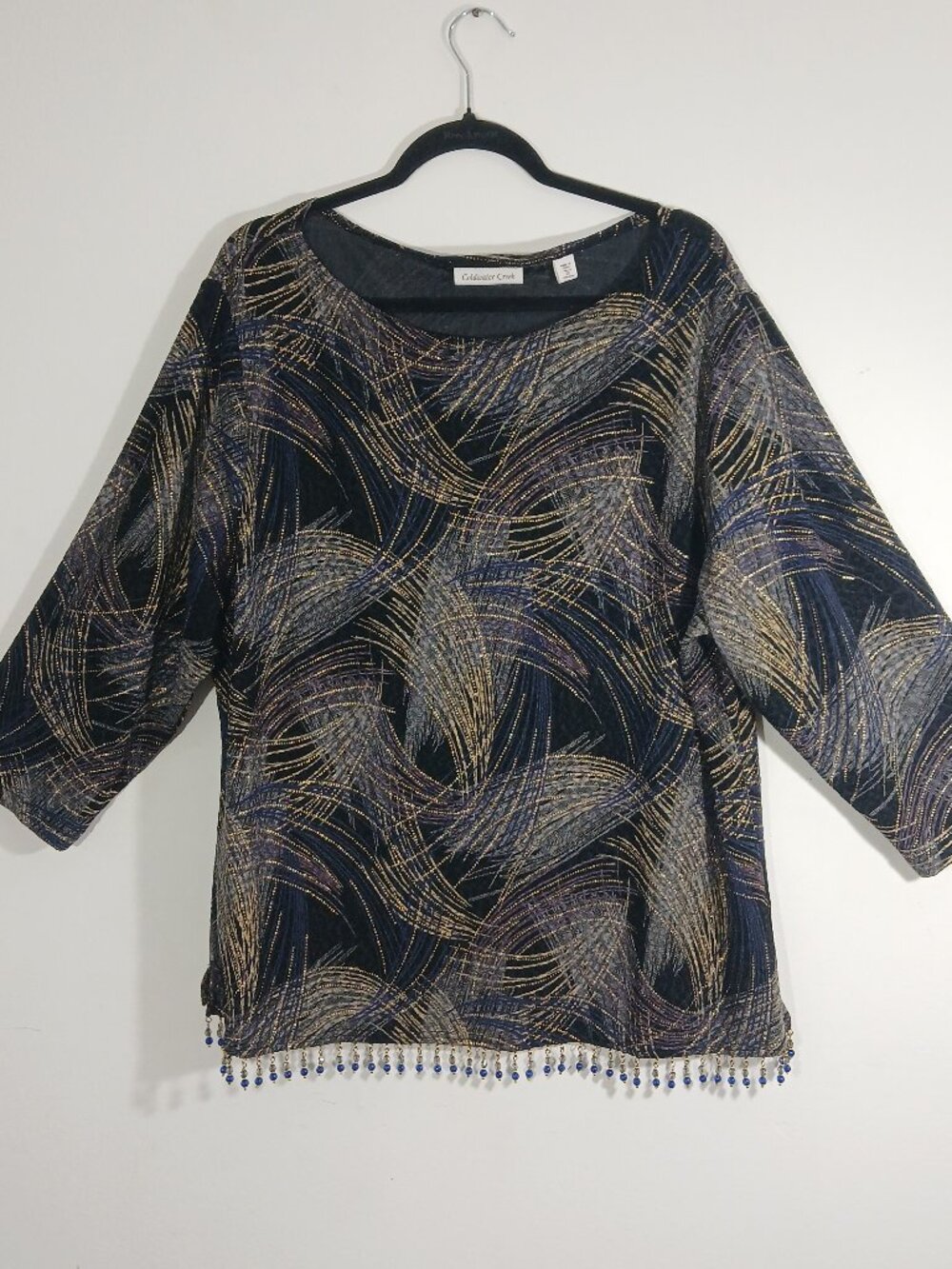 Coldwater Creek 2X Black Gold Beaded Hem Abstract Print Blouse 3/4 Sleeve Top